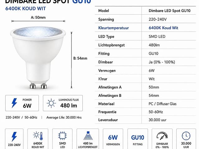 100 x led spot gu10 – 6w – dimbaar – 6400k koud wit – ip20 - afbeelding 4 van  4