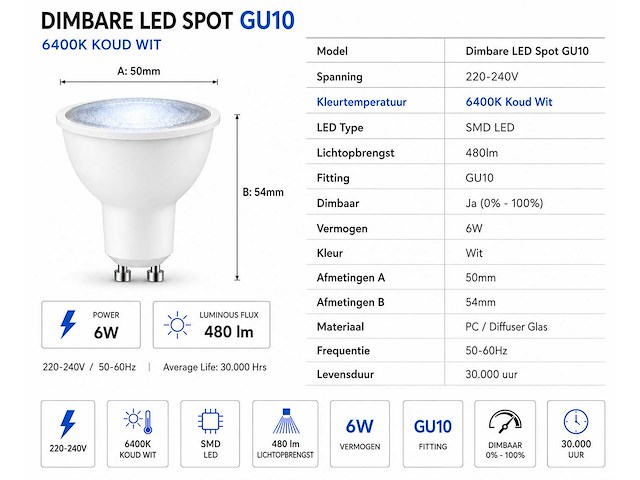 100 x led spot gu10 – 6w – dimbaar – 6400k koud wit – ip20 - afbeelding 3 van  4
