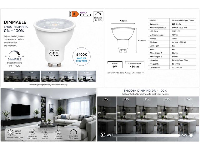 100 x led spot gu10 – 6w – dimbaar – 6400k koud wit – ip20 - afbeelding 4 van  4