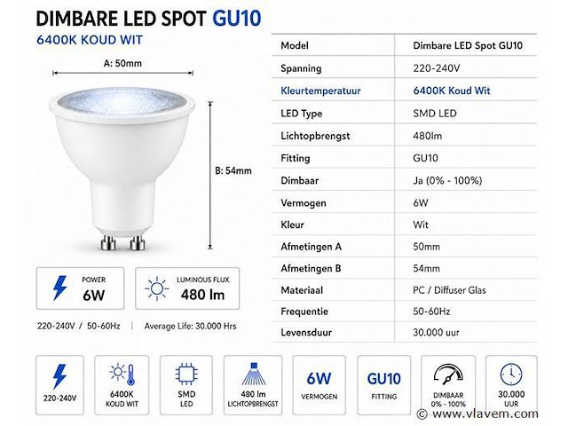 100 x led spot gu10 – 6w – dimbaar – 6400k koud wit – ip20 - afbeelding 3 van  4