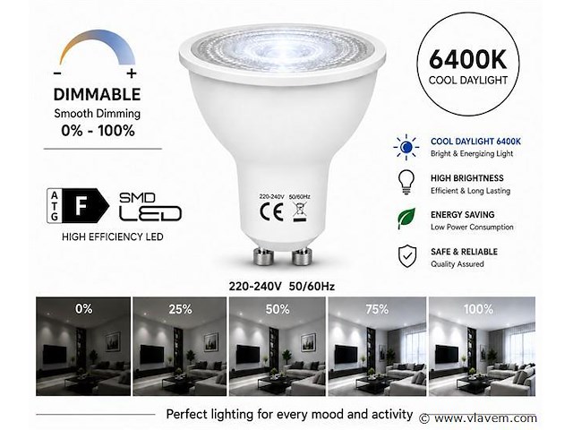 100 x led spot gu10 – 6w – dimbaar – 6400k koud wit – ip20 - afbeelding 1 van  4