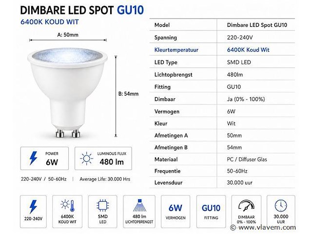 100 x led spot gu10 – 6w – dimbaar – 6400k koud wit – ip20 - afbeelding 3 van  4