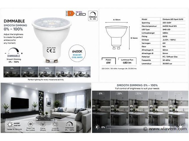 100 x led spot gu10 – 6w – dimbaar – 6400k koud wit – ip20 - afbeelding 4 van  4