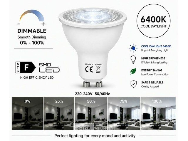 100 x led spot gu10 – 6w – dimbaar – 6400k koud wit – ip20 - afbeelding 1 van  5