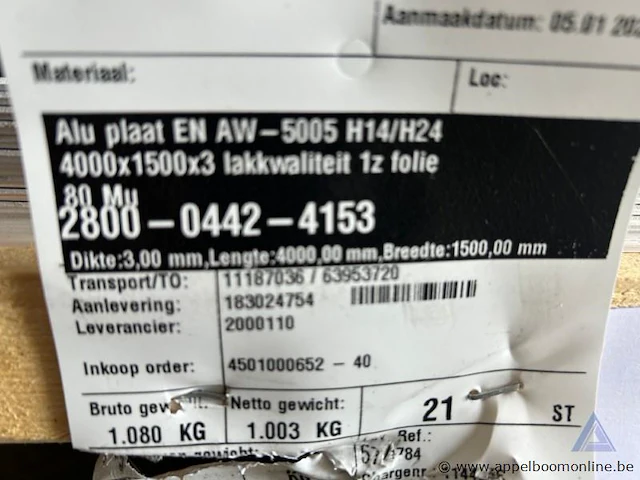 12 aluminium platen en aw-5005 h14/h24, afmetingen 4000x1500x3 mm, lakkwaliteit 1z folie 80 mu, netto gewicht 1.003 kg. - afbeelding 2 van  3