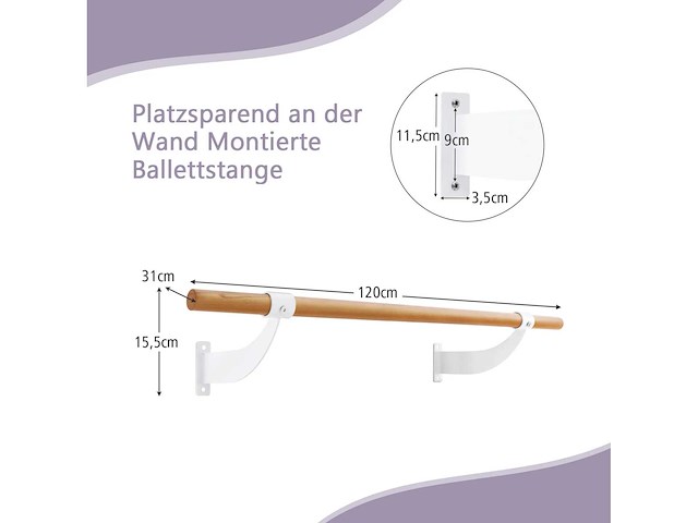 120 cm lange aan de muur gemonteerde balletstang - afbeelding 2 van  5