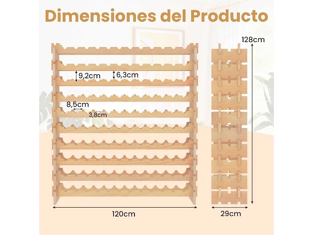 120-flessen wijnrek, 6-lags stapelbaar rek met massief houten frame - afbeelding 5 van  10