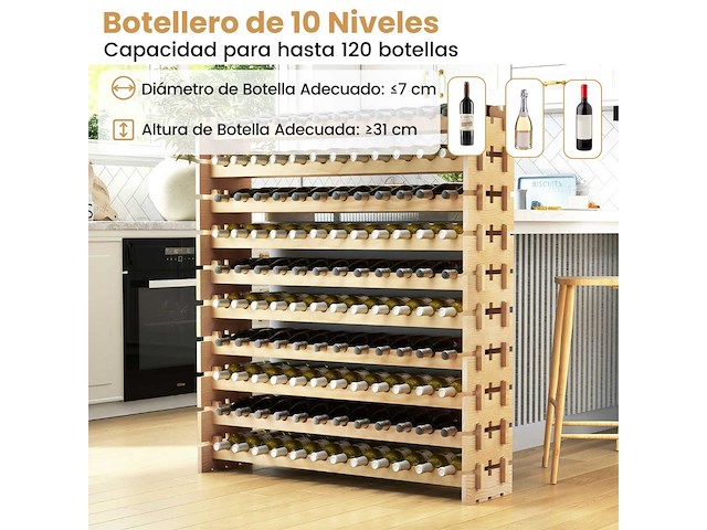 120-flessen wijnrek, 6-lags stapelbaar rek met massief houten frame - afbeelding 8 van  10