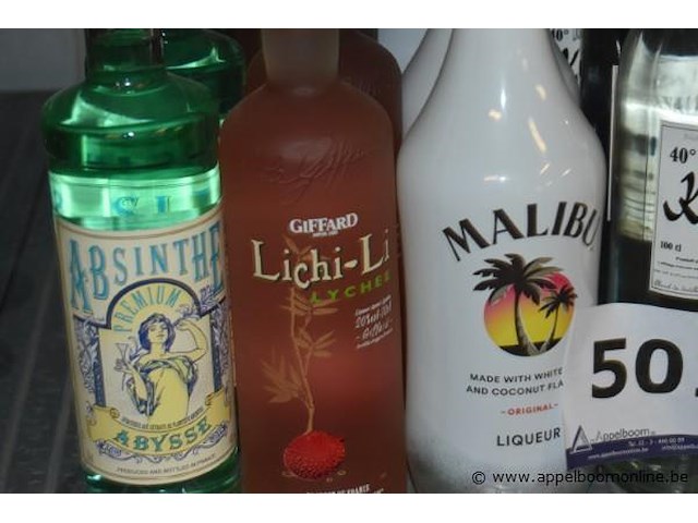 13x fles diverse likeuren en sterke dranken, o.a. absinthe abysse 70cl, giffard lichi-li 70cl, malibu 1l, kümmel 1l - afbeelding 2 van  3