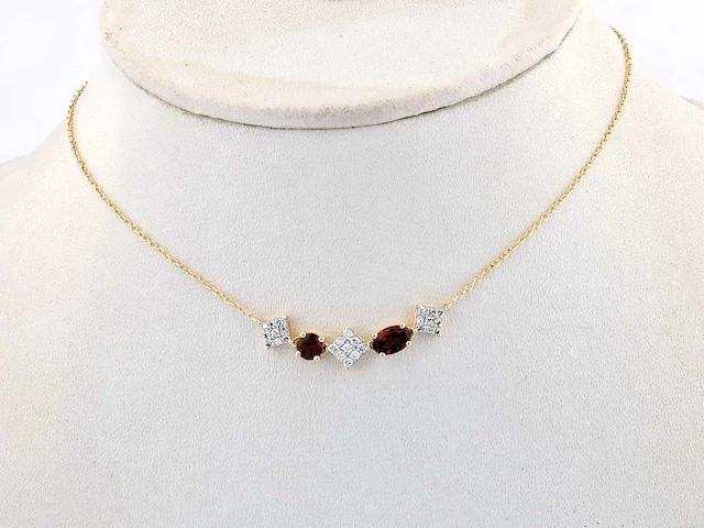 14 kt geelgouden ketting met hanger van 1,16 cts natuurlijke diamant en granaat - afbeelding 5 van  7