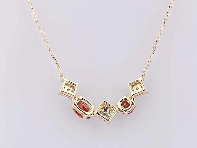 14 kt geelgouden ketting met hanger van 1,16 cts natuurlijke diamant en granaat - afbeelding 6 van  7