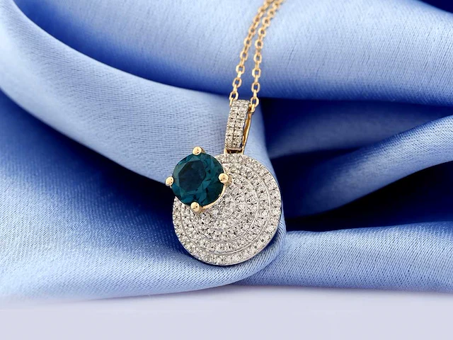14 kt geelgouden ketting met hanger van 1,28 cts natuurlijke diamant en topaas - afbeelding 6 van  7