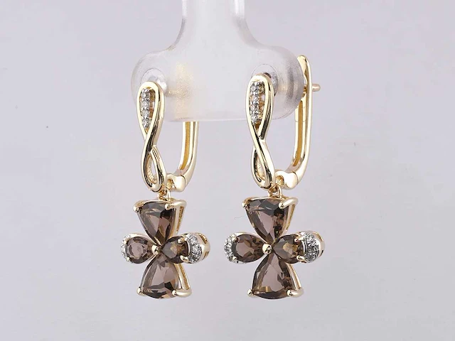 14 kt geelgouden oorbel met 2,21 cts natuurlijke diamant en rokerige kwarts - afbeelding 2 van  6