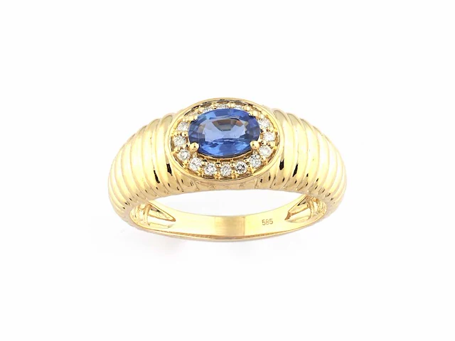 14 kt geelgouden ring met 0,70 cts natuurlijke diamant en blauwe saffier - afbeelding 1 van  10