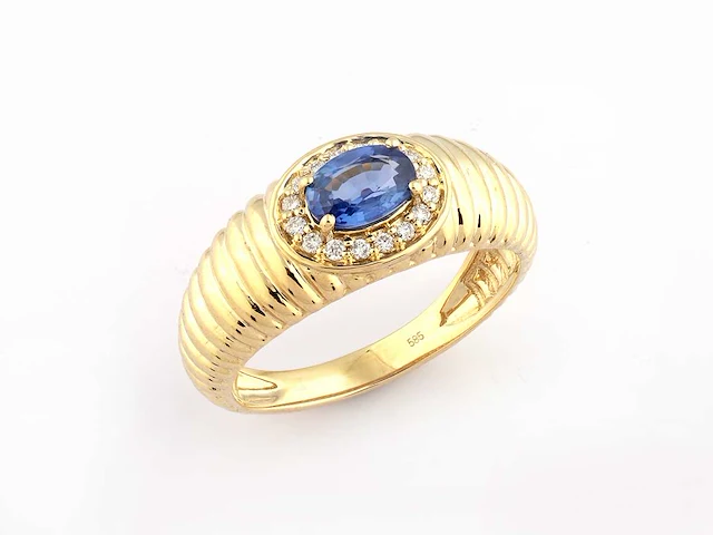 14 kt geelgouden ring met 0,70 cts natuurlijke diamant en blauwe saffier - afbeelding 3 van  10