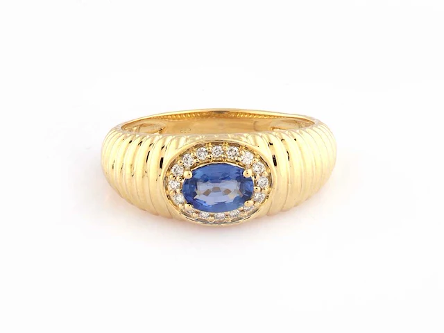 14 kt geelgouden ring met 0,70 cts natuurlijke diamant en blauwe saffier - afbeelding 4 van  10