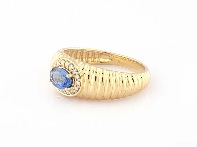 14 kt geelgouden ring met 0,70 cts natuurlijke diamant en blauwe saffier - afbeelding 5 van  10