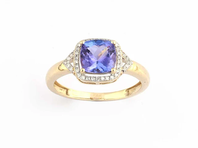 14 kt geelgouden ring met 1,74 cts natuurlijke diamant en tanzaniet - afbeelding 1 van  10
