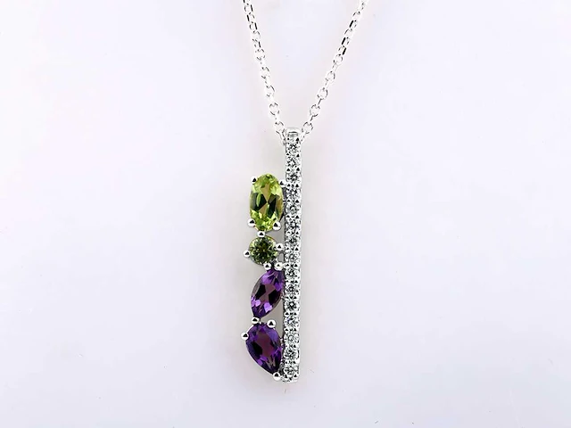 14 kt witgouden ketting met hanger van 0,82 cts natuurlijke diamant en amethist en peridoot - afbeelding 1 van  7