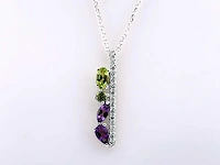 14 kt witgouden ketting met hanger van 0,82 cts natuurlijke diamant en amethist en peridoot - afbeelding 1 van  7