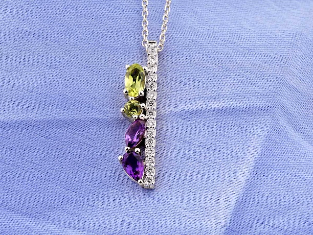 14 kt witgouden ketting met hanger van 0,82 cts natuurlijke diamant en amethist en peridoot - afbeelding 3 van  7