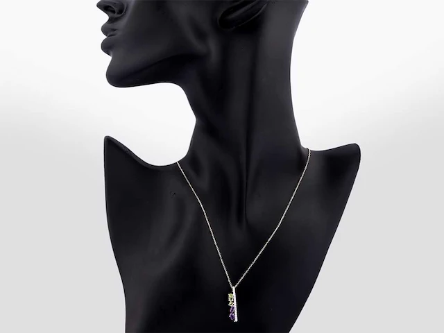 14 kt witgouden ketting met hanger van 0,82 cts natuurlijke diamant en amethist en peridoot - afbeelding 5 van  7