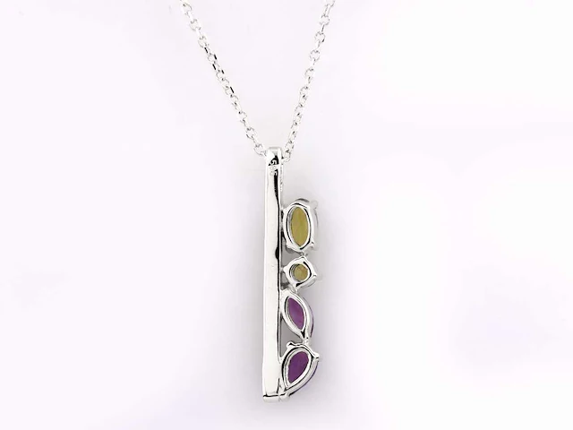 14 kt witgouden ketting met hanger van 0,82 cts natuurlijke diamant en amethist en peridoot - afbeelding 6 van  7