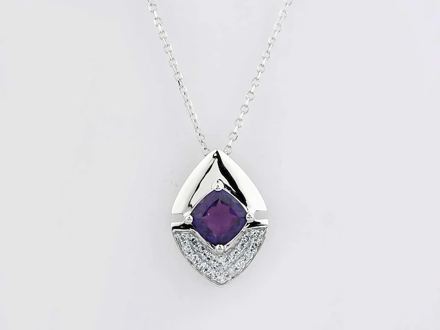 14 kt witgouden ketting met hanger van 1,06 cts natuurlijke diamant en amethist - afbeelding 1 van  6