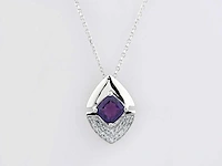 14 kt witgouden ketting met hanger van 1,06 cts natuurlijke diamant en amethist - afbeelding 1 van  6