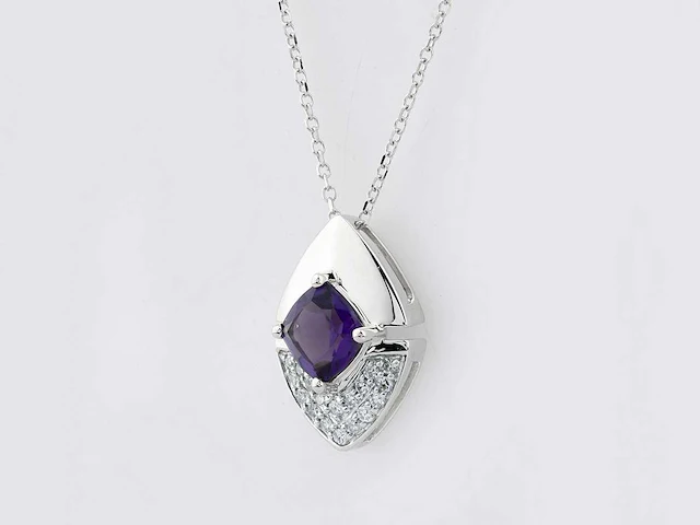 14 kt witgouden ketting met hanger van 1,06 cts natuurlijke diamant en amethist - afbeelding 2 van  6