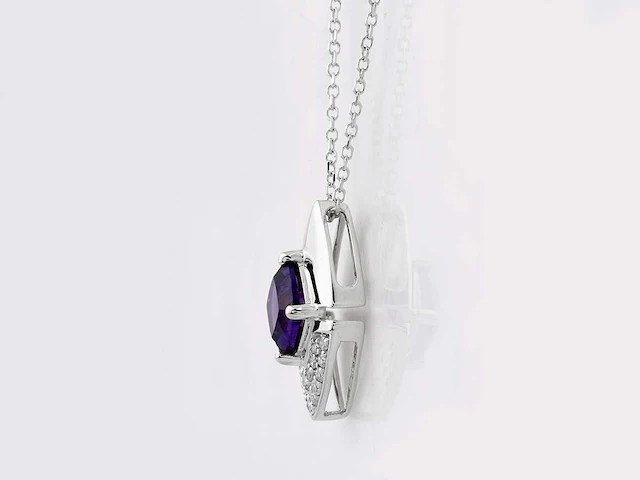 14 kt witgouden ketting met hanger van 1,06 cts natuurlijke diamant en amethist - afbeelding 3 van  6