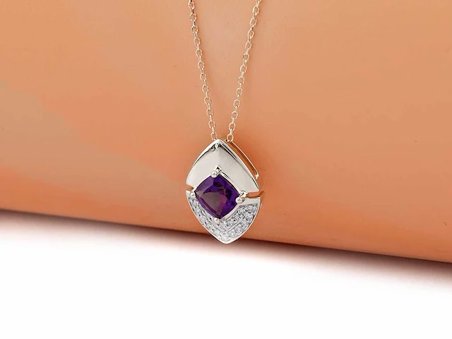 14 kt witgouden ketting met hanger van 1,06 cts natuurlijke diamant en amethist - afbeelding 4 van  6