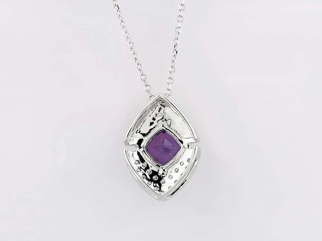 14 kt witgouden ketting met hanger van 1,06 cts natuurlijke diamant en amethist - afbeelding 5 van  6