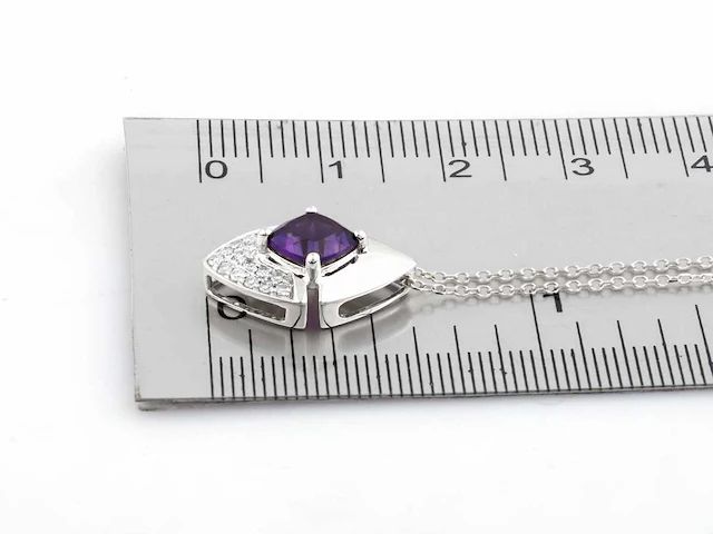 14 kt witgouden ketting met hanger van 1,06 cts natuurlijke diamant en amethist - afbeelding 6 van  6