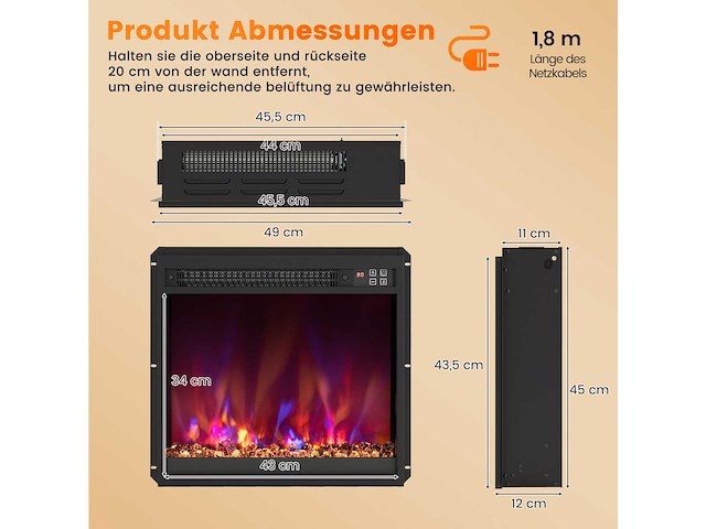 1500 w wandgemonteerde elektrische open haard - zwart - afbeelding 5 van  7
