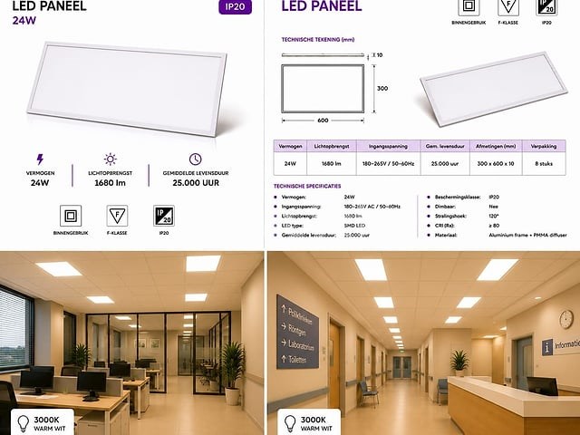 16 x led paneel 24w – 3000k warm wit - 595x295mm – ip20 – zodiac-24 - afbeelding 4 van  5