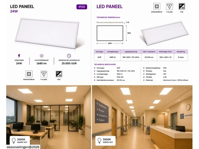 16 x led paneel 24w – 3000k warm wit - 595x295mm – ip20 – zodiac-24 - afbeelding 6 van  6