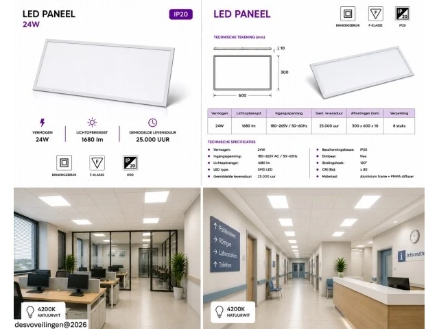 16 x led paneel 24w – 4200k neutraal wit - 595x295mm – ip20 – zodiac-24 - afbeelding 6 van  6