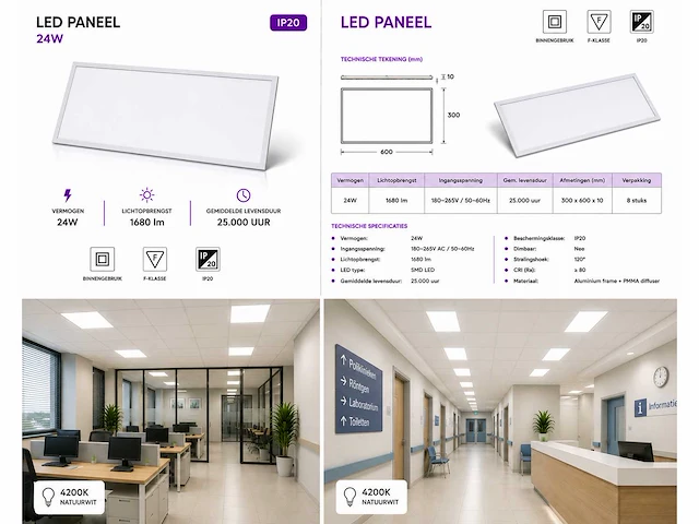 16 x led paneel 24w – 4200k neutraal wit - 595x295mm – ip20 – zodiac-24 - afbeelding 5 van  5