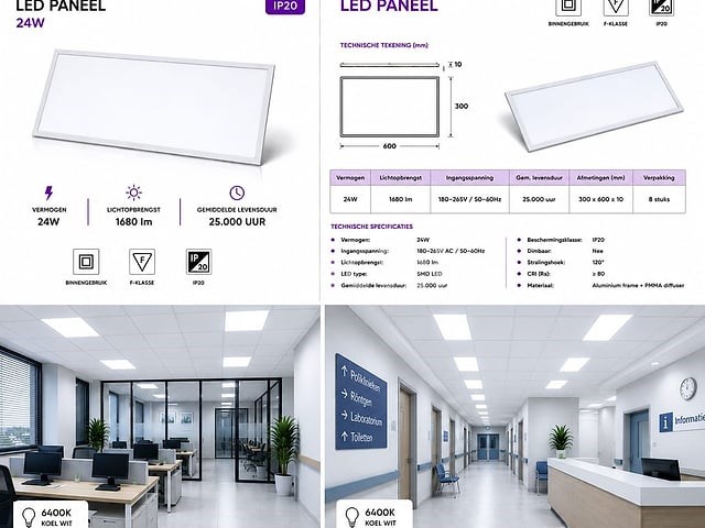 16 x led paneel 24w – 6400k koud wit - 595x295mm – ip20 – zodiac-24 - afbeelding 5 van  5