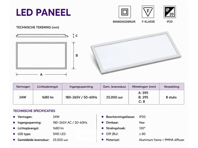 16 x led paneel 24w – 6400k koud wit - 595x295mm – ip20 – zodiac-24 - afbeelding 5 van  6