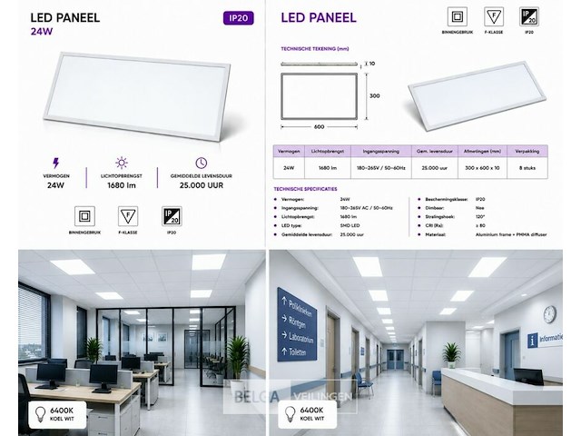 16 x led paneel 24w – 6400k koud wit - 595x295mm – ip20 – zodiac-24 - afbeelding 6 van  6