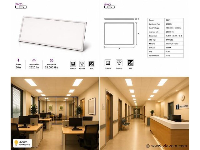 16 x led paneel 36w – 3000k warm wit - 1195x295mm – ip20 – zodiac-36 - afbeelding 5 van  5