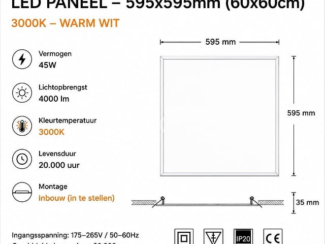 16 x led paneel 45w – 3000k warm wit - 595x595mm – ip20 – galaksi - afbeelding 2 van  5