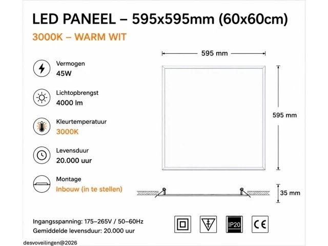 16 x led paneel 45w – 3000k warm wit - 595x595mm – ip20 – galaksi - afbeelding 5 van  6