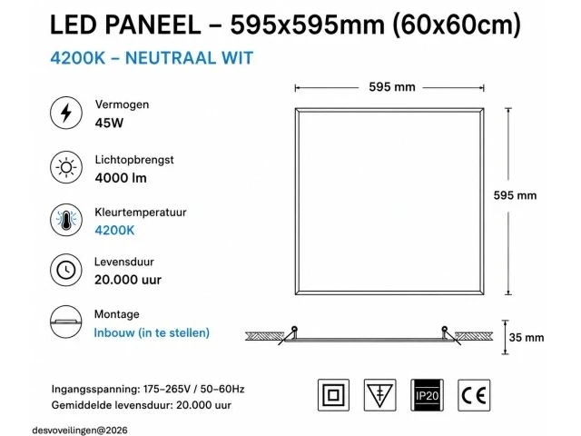 16 x led paneel 45w – 4200k neutraal wit - 595x595mm – ip20 – galaksi - afbeelding 5 van  6