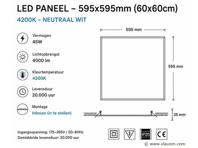 16 x led paneel 45w – 4200k neutraal wit - 595x595mm – ip20 – galaksi - afbeelding 4 van  5