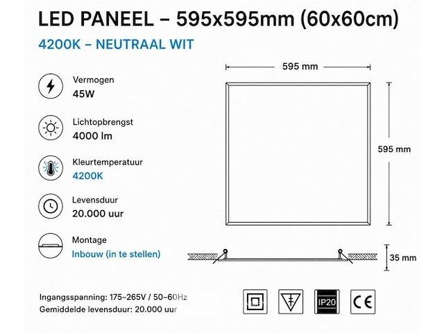 16 x led paneel 45w – 4200k neutraal wit - 595x595mm – ip20 – galaksi - afbeelding 5 van  6