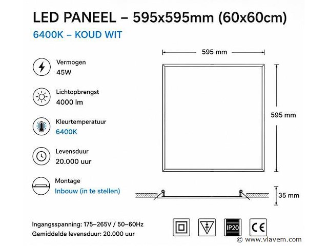16 x led paneel 45w – 6400k koud wit - 595x595mm – ip20 – galaksi - afbeelding 4 van  5