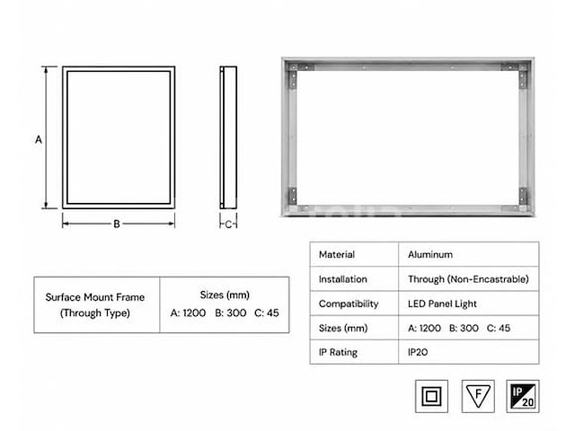 16 x opbouw frame voor led paneel – 1200x300mm – ip20 – frame-30120 - afbeelding 4 van  5